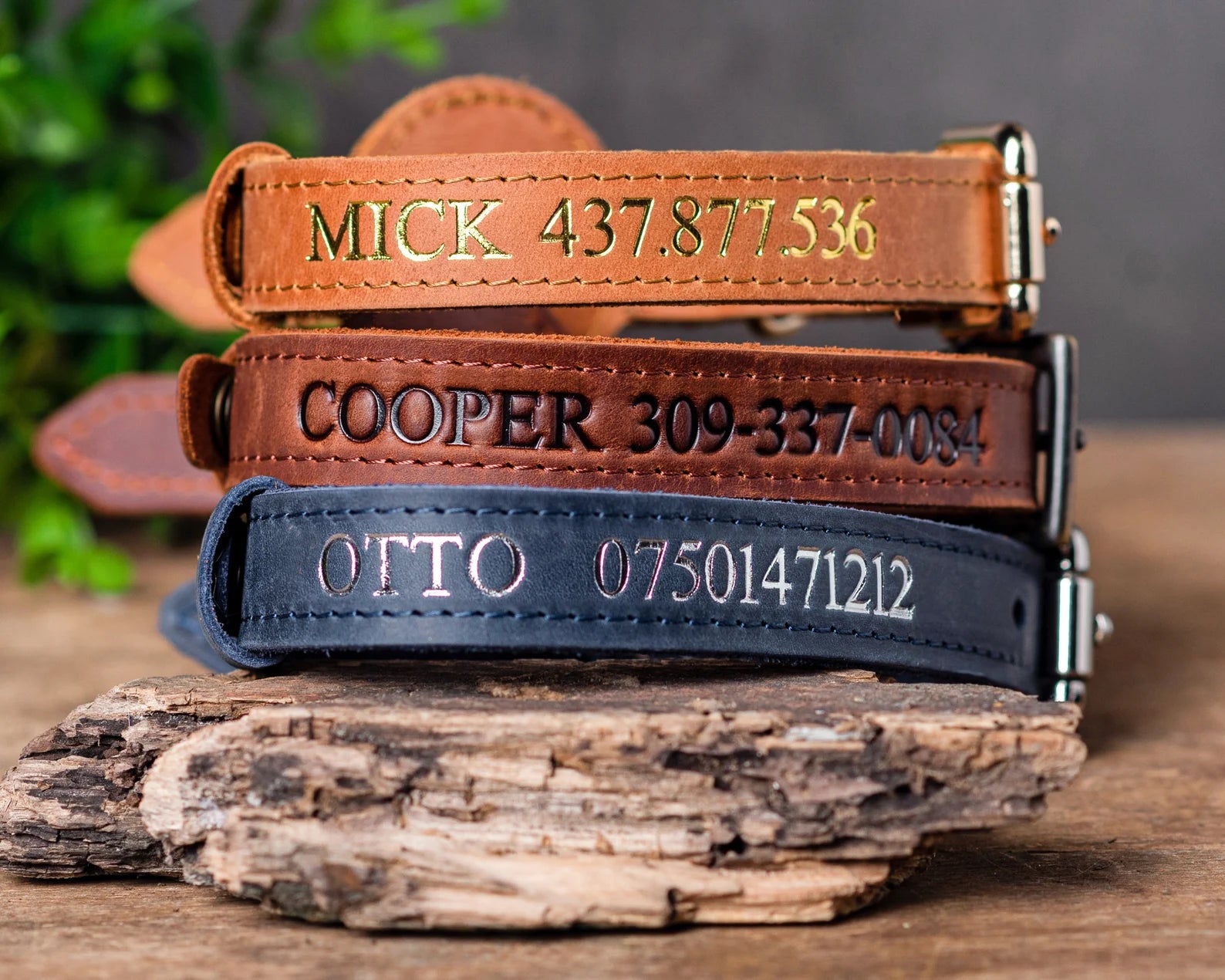 Personalized Leather Dog Collar with AirTag Holder, Engraved Name Pet Accessory