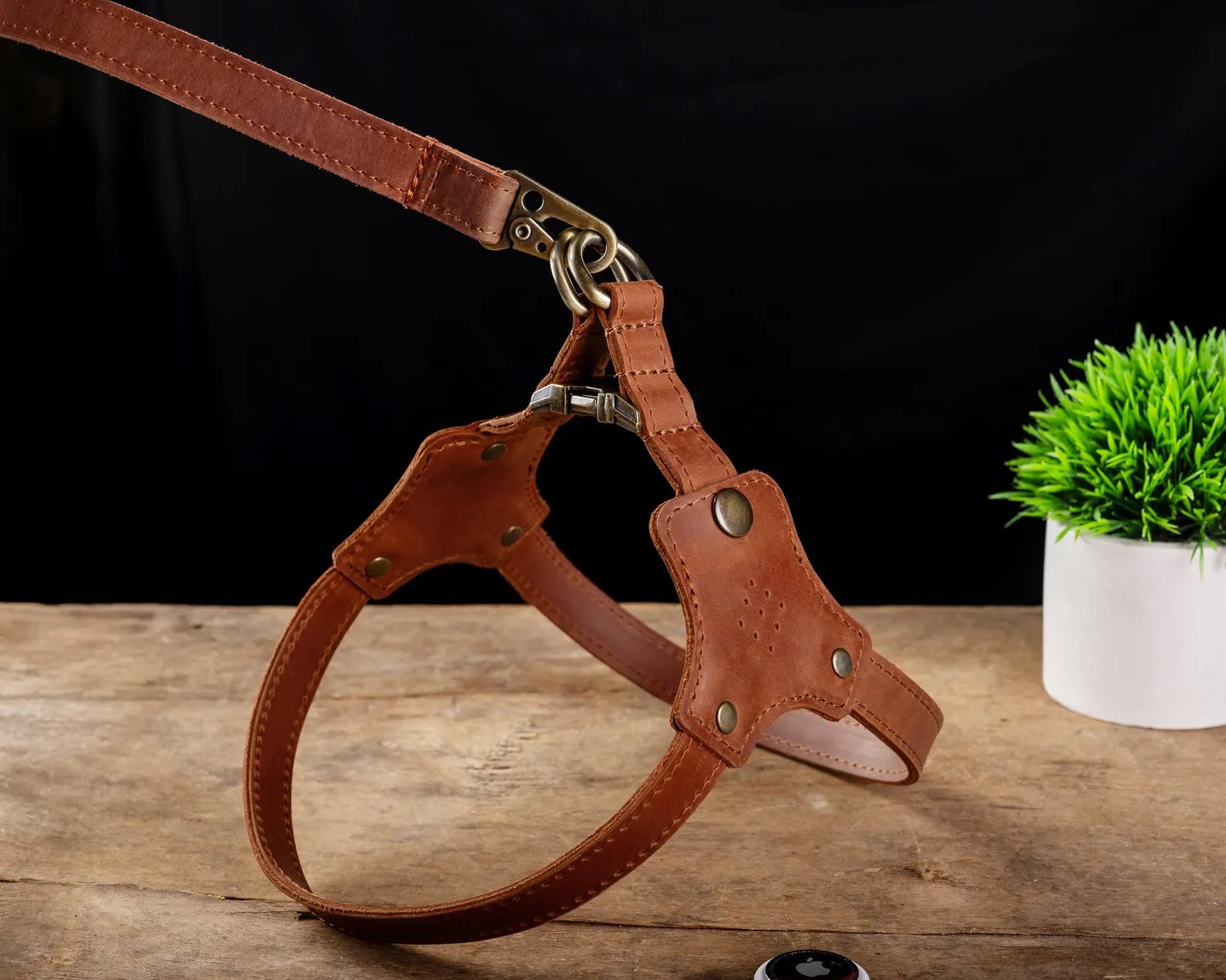 Personalized Leather Dog Harness with Holder for Airtag, Customized Dog Harness with Pocket Holder for Tracker