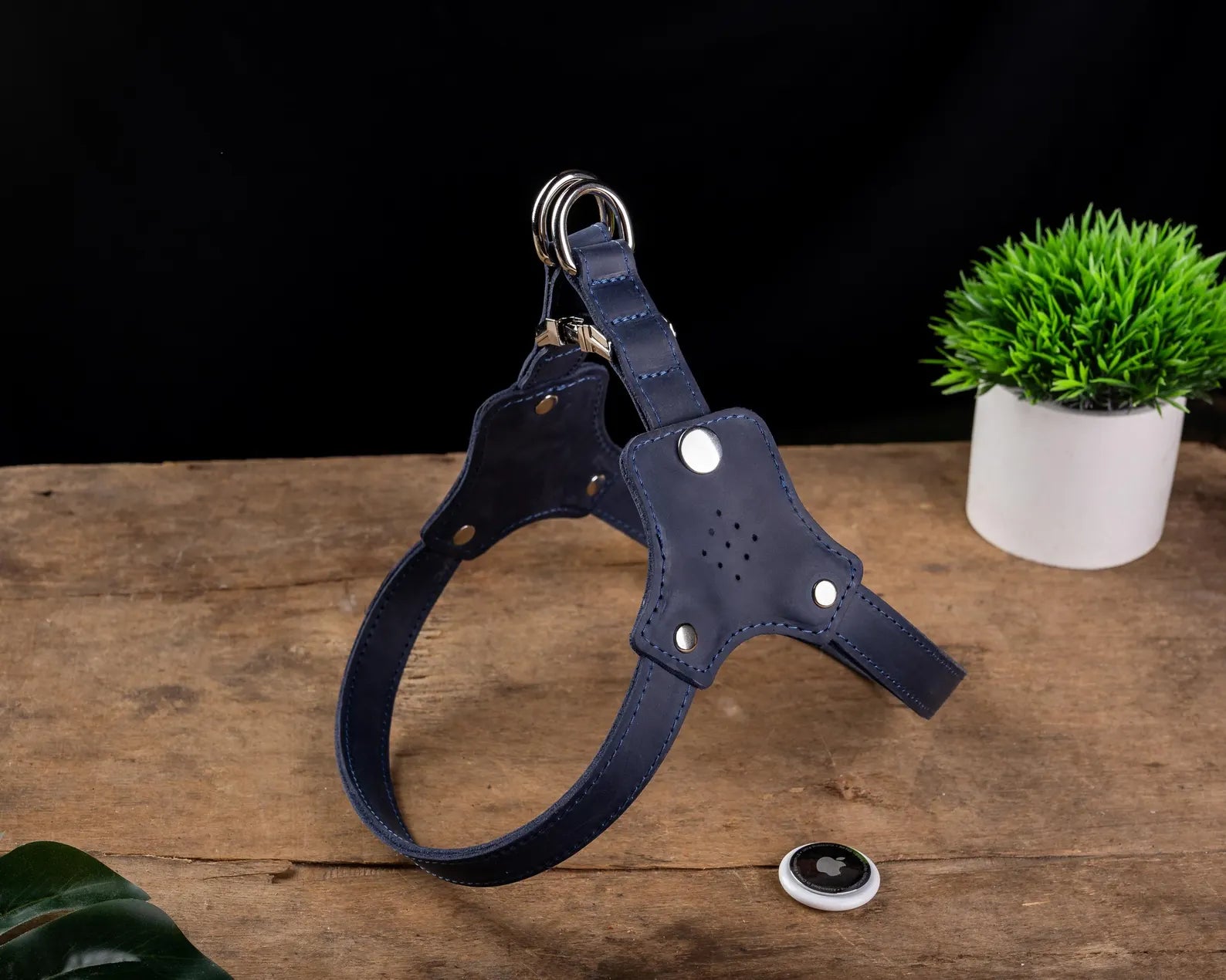Personalized Leather Dog Harness with Holder for Airtag, Customized Dog Harness with Pocket Holder for Tracker