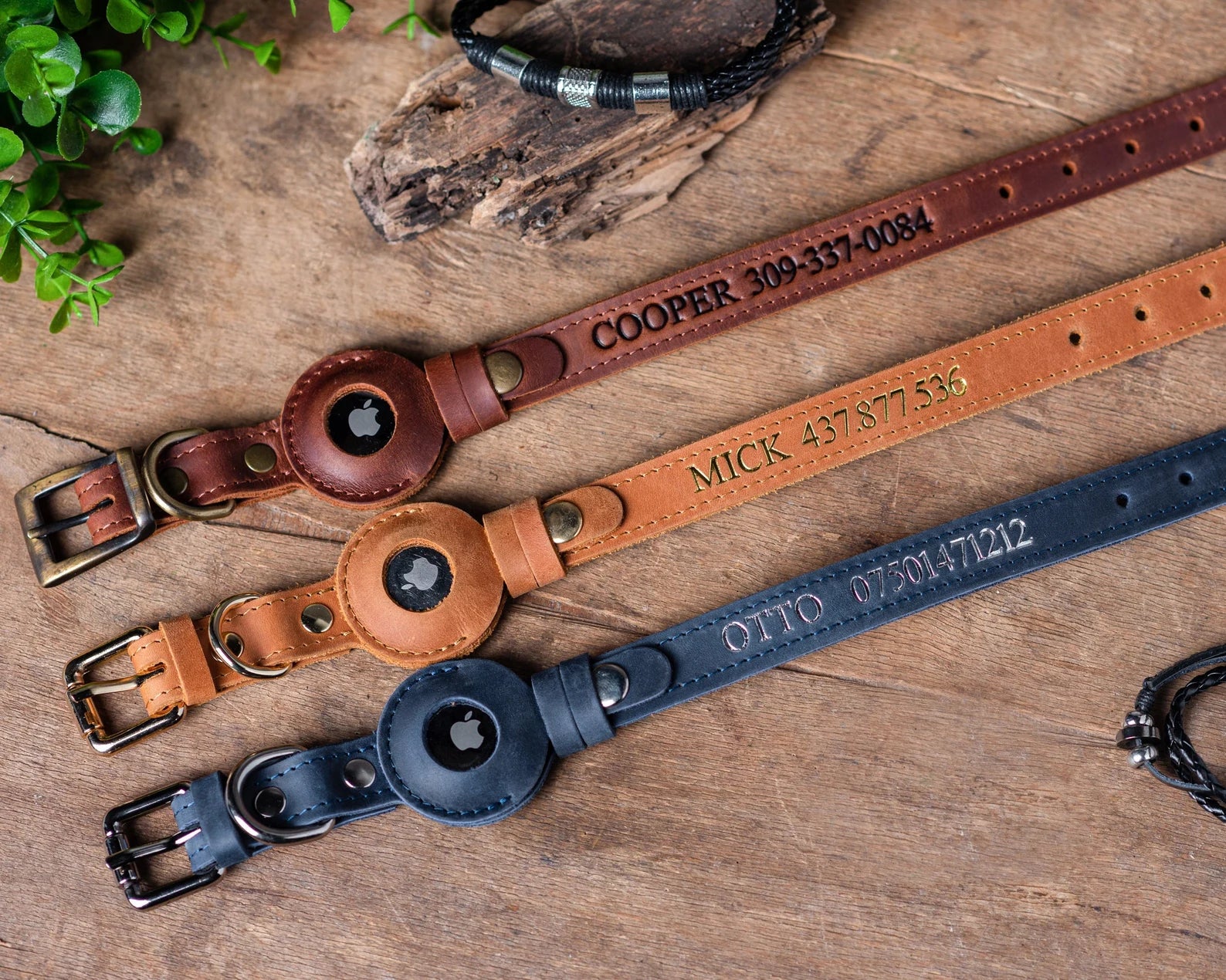 Personalized Leather Dog Collar with AirTag Holder, Engraved Name Pet Accessory